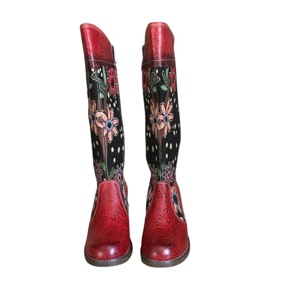 NEW Socofy Red Black Floral Boho Textile Tapestry Leather Tall Boots - Picture 2 of 13